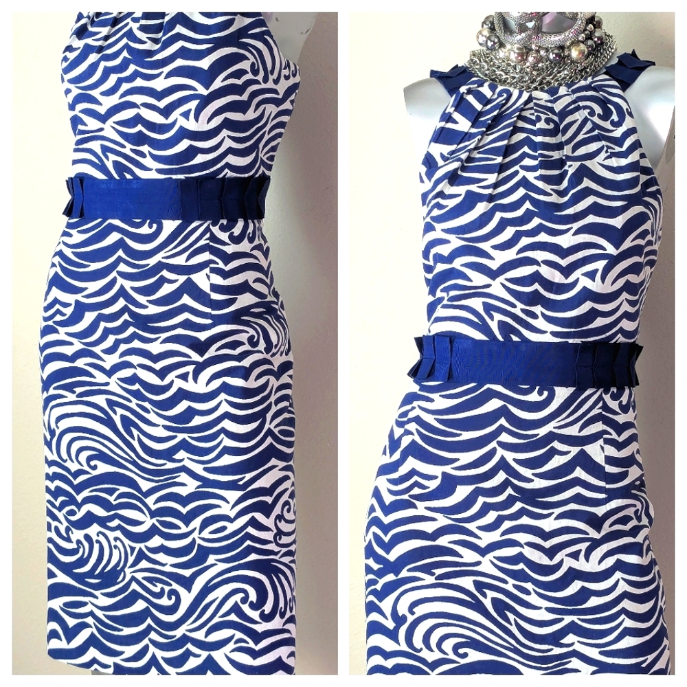 ANTONIO MELANI Navy and White Wave-Print Sleeveless Midi Dress